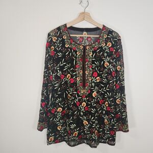 NWOT Black L/S Semi Sheer Tunic Kashmiri Aari Floral Embroidery Size 12
